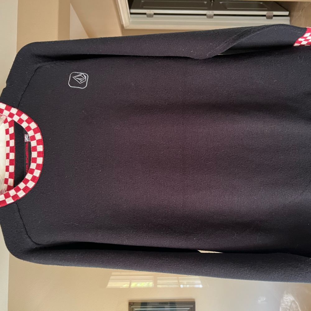 Volcom epidermis black sweater with red white checkered neck and sleeve medium